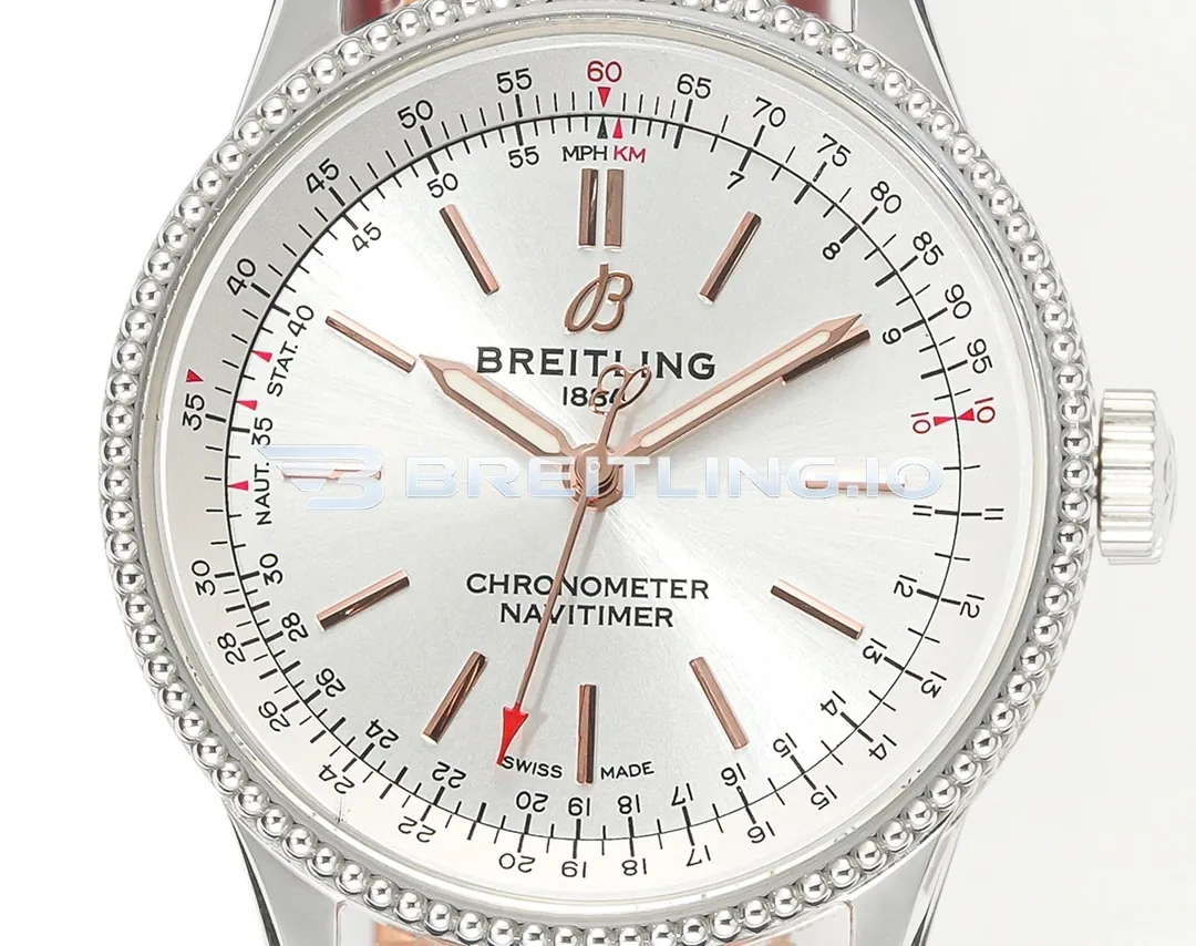 Breitling Navitimer A17327211G1P1 36mm Silver Sunburst No-Date Dial Stainless Steel Beaded Fluted Flight Slide Rule Bezel Replica Dial Detail 1
