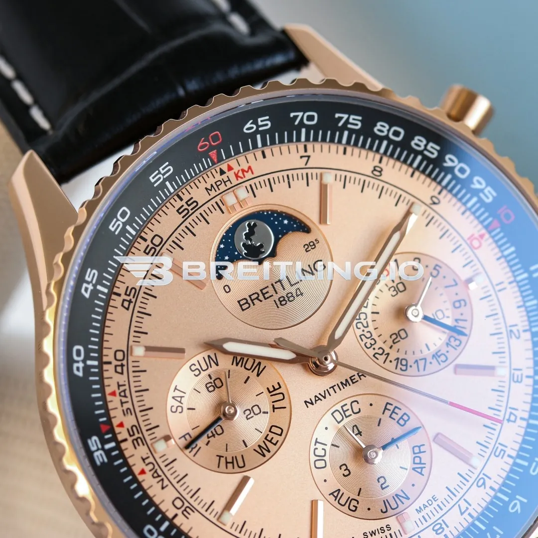 Breitling Navitimer RB19101A1H1P1 43mm Rose Gold Perpetual Calendar Moonphase Dial Solid 18K Rose Gold Case Replica Dial Detail 1
