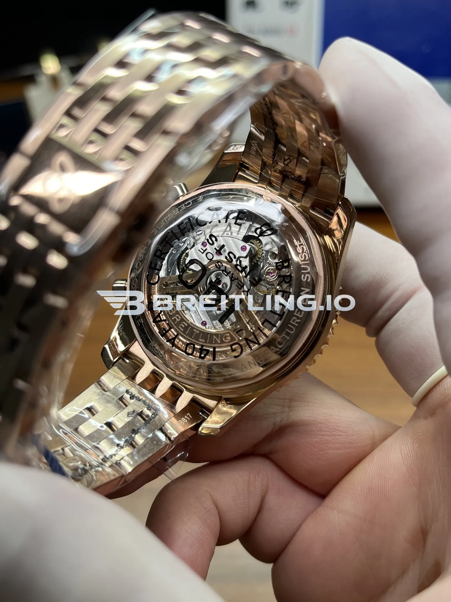 Breitling Navitimer RB0137241G1R1 46mm Silver Sunburst Chronograph Dial Solid 18K Rose Gold Case Flight Slide Rule Bezel Replica Back View