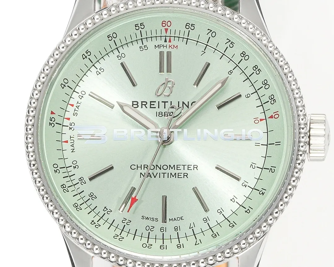 Breitling Navitimer A17327361L1P1 35mm Mint Green Sunburst Dial Stainless Steel Beaded Flight Slide Rule Bezel Replica Dial Detail 1