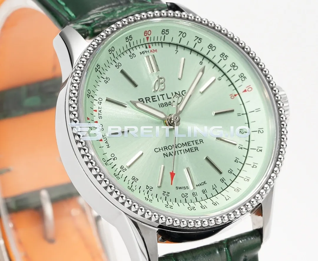 Breitling Navitimer A17327361L1P1 35mm Mint Green Sunburst Dial Stainless Steel Beaded Flight Slide Rule Bezel Replica Dial Detail 2