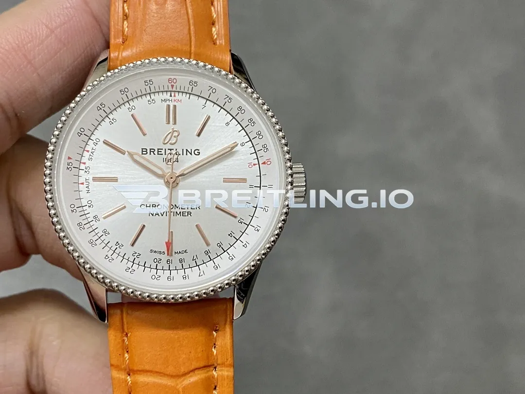 Breitling Navitimer A17395F41G1P3 35mm Silver Sunburst Dial Stainless Steel Beaded Flight Slide Rule Bezel Replica Front View