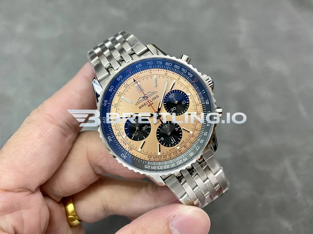 Breitling Navitimer AB0138241K1A1 43mm Copper Sunburst Chronograph Dial Dual-Tone Blue Grey Flight Slide Rule Bezel Replica Side View
