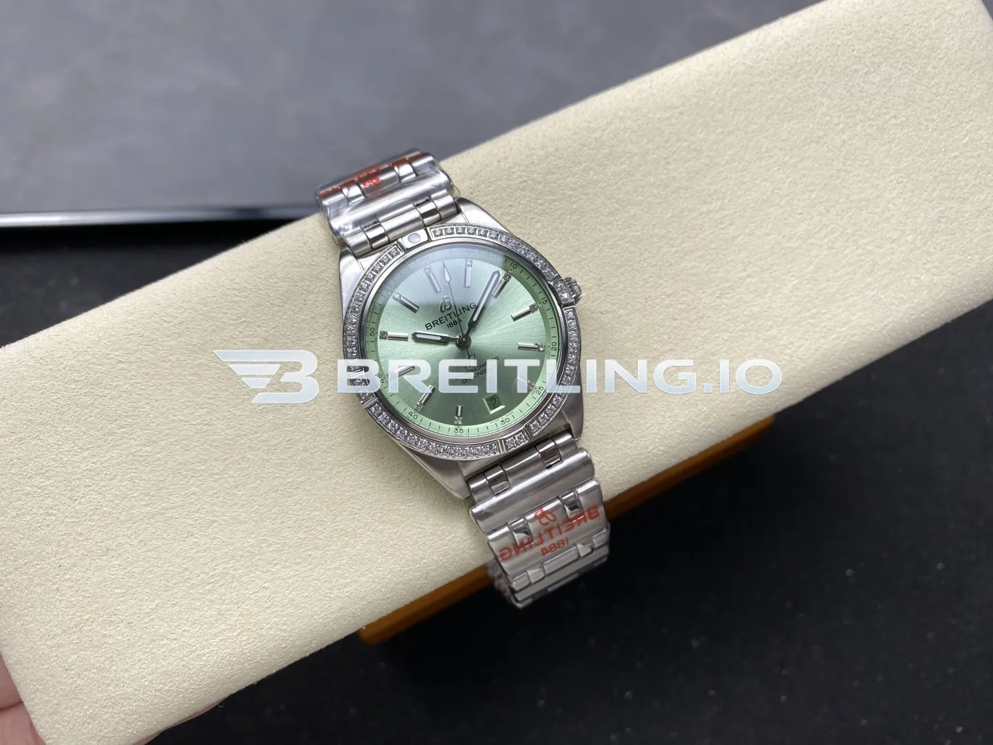 Breitling Chronomat A10380591L1A1 36mm Mint Green Sunburst Dial Full Diamond Brushed Polished Stainless Steel Bezel Replica Side View 1