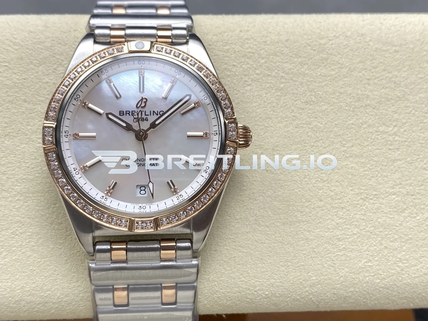 Breitling Chronomat U77310591A2U1 32mm White Mother-of-Pearl Diamond Hour Markers Two-Tone Steel & Rose Gold Diamond Bezel Replica Front View