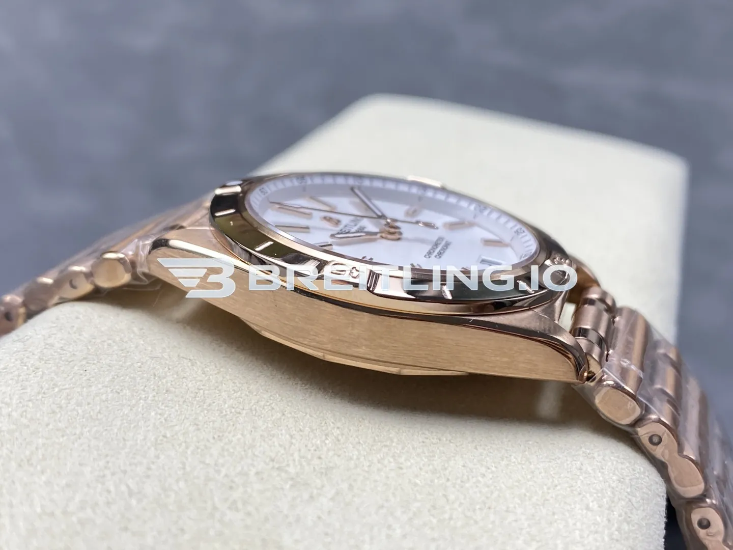 Breitling Chronomat R10380101A1R1 36mm White Sunburst Single Date Dial Solid 18K Rose Gold Polished Case Replica Left View