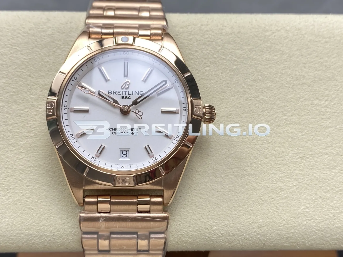 Breitling Chronomat R10380101A1R1 36mm White Sunburst Single Date Dial Solid 18K Rose Gold Polished Case Replica Front View