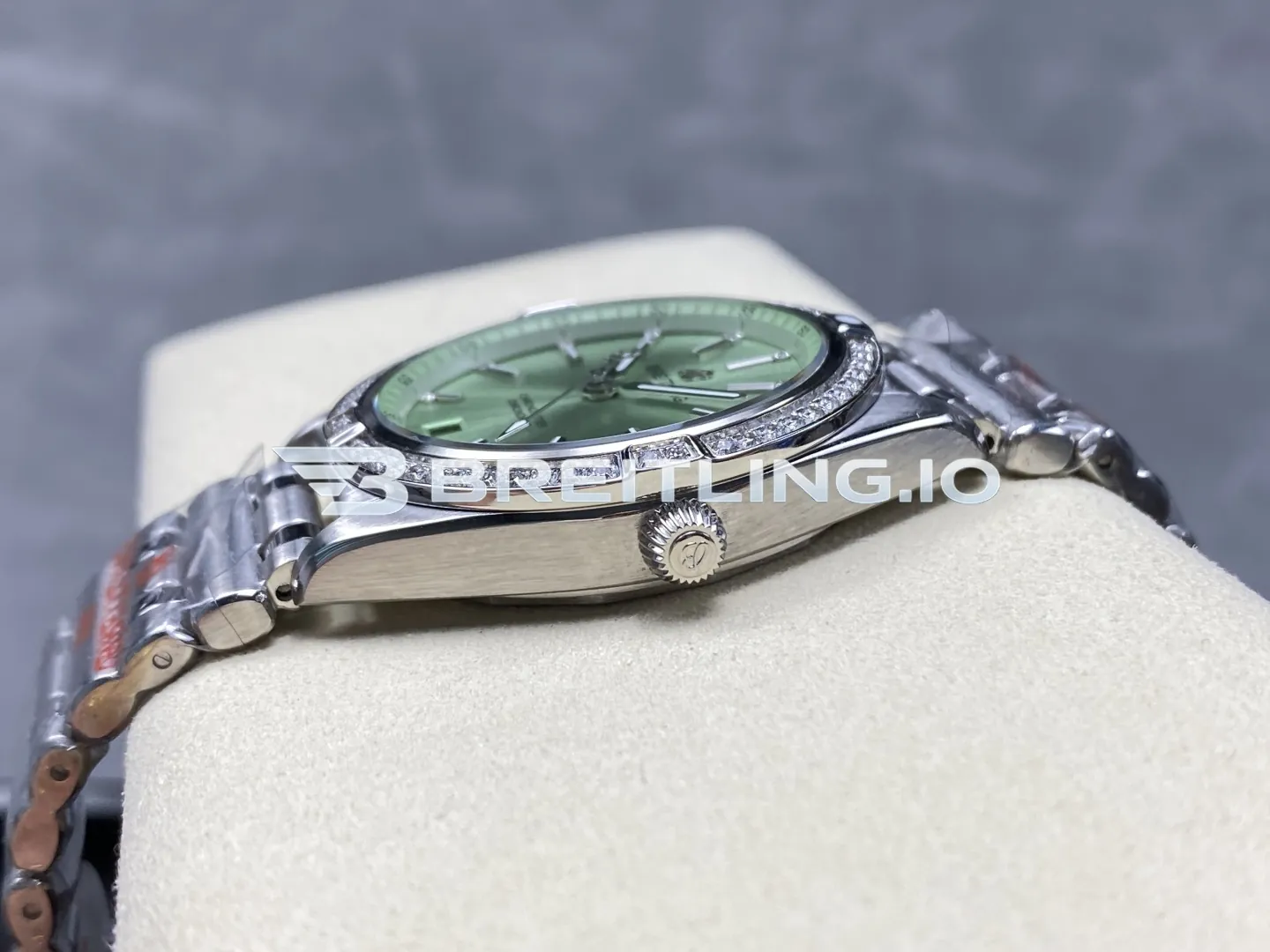 Breitling Chronomat A10380591L1A1 36mm Mint Green Sunburst Dial Full Diamond Brushed Polished Stainless Steel Bezel Replica Right View