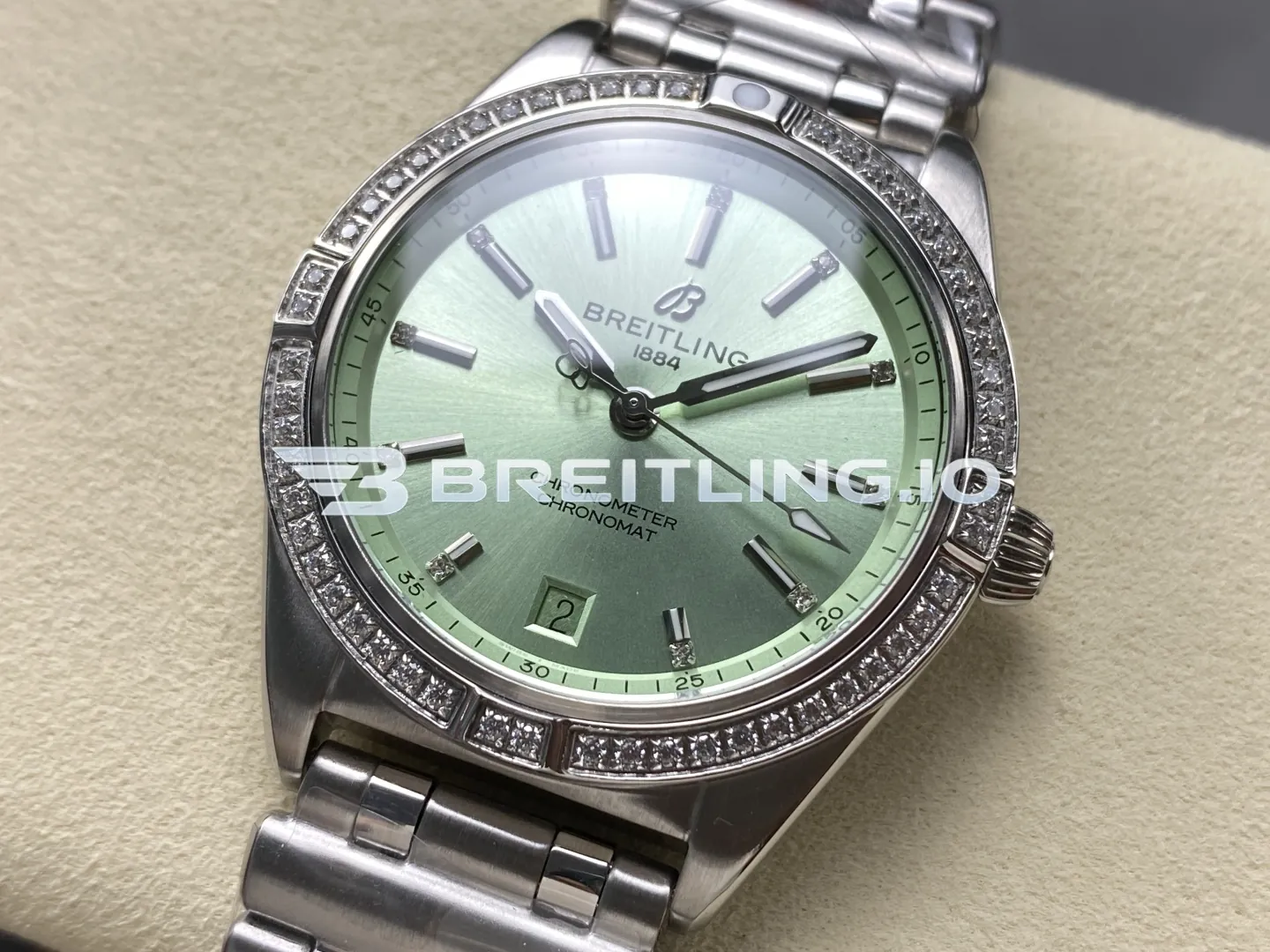 Breitling Chronomat A10380591L1A1 36mm Mint Green Sunburst Dial Full Diamond Brushed Polished Stainless Steel Bezel Replica Dial Detail 2