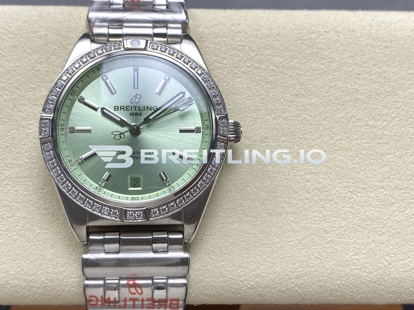 Breitling Chronomat A10380591L1A1 36mm Mint Green Sunburst Dial Full Diamond Brushed Polished Stainless Steel Bezel Replica Front View