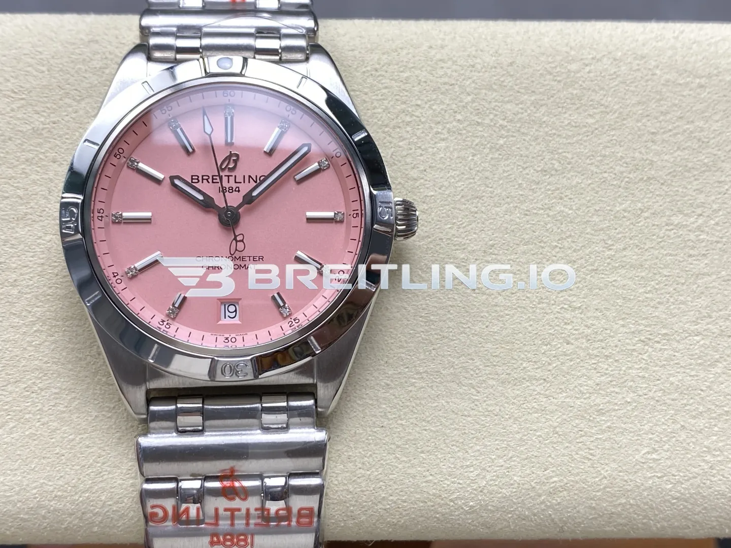 Breitling Chronomat A77310101K1A1 32mm Soft Pink Sunburst Dial Polished Stainless Steel Bezel Replica Front View