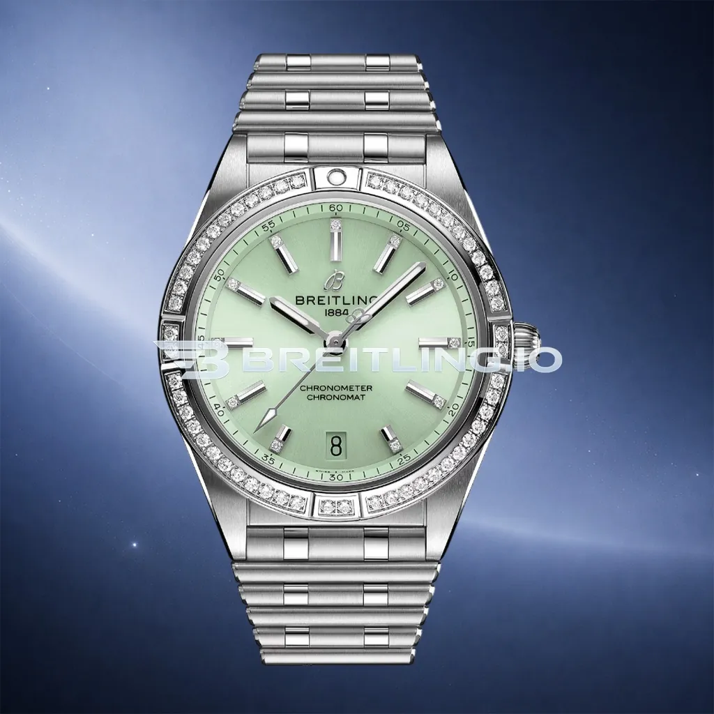 Breitling Chronomat A10380591L1A1 36mm Mint Green Sunburst Dial Full Diamond Brushed Polished Stainless Steel Bezel Replica First Image