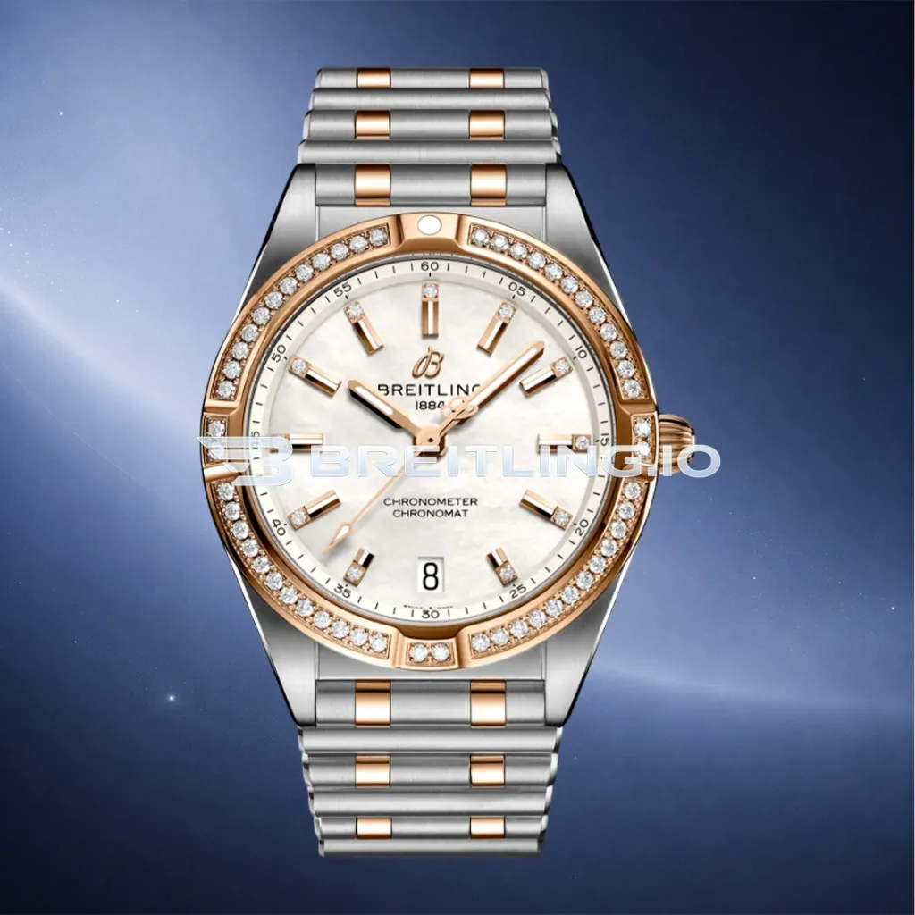 Breitling Chronomat U77310591A2U1 32mm White Mother-of-Pearl Diamond Hour Markers Two-Tone Steel & Rose Gold Diamond Bezel Replica First Image