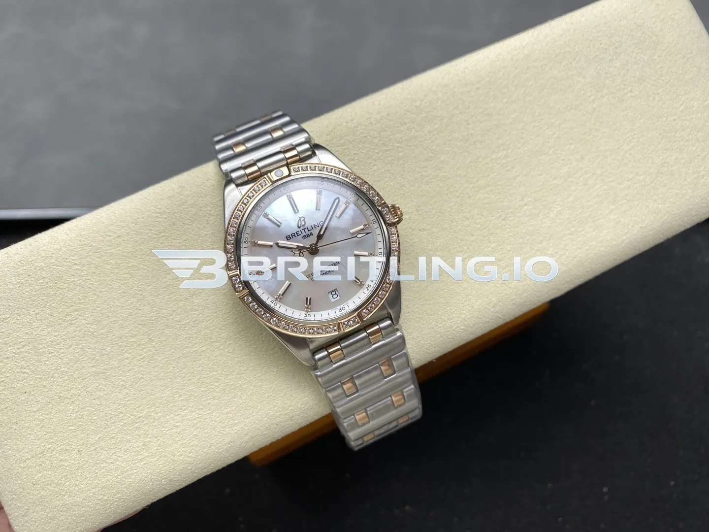 Breitling Chronomat U77310591A2U1 32mm White Mother-of-Pearl Diamond Hour Markers Two-Tone Steel & Rose Gold Diamond Bezel Replica Side View 1