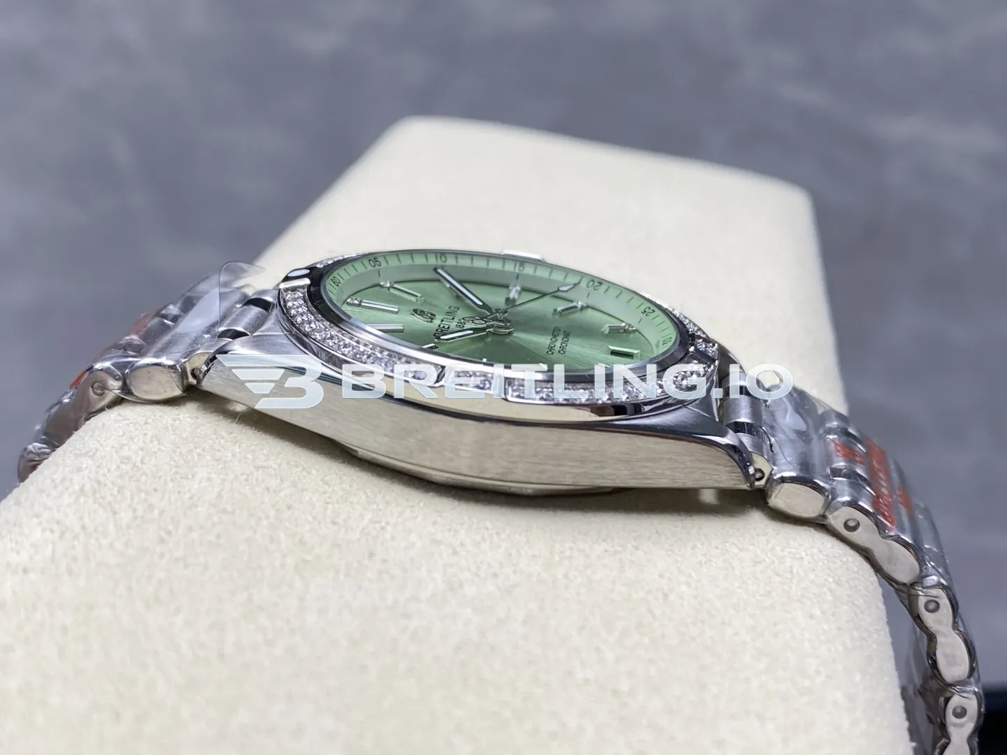Breitling Chronomat A10380591L1A1 36mm Mint Green Sunburst Dial Full Diamond Brushed Polished Stainless Steel Bezel Replica Left View