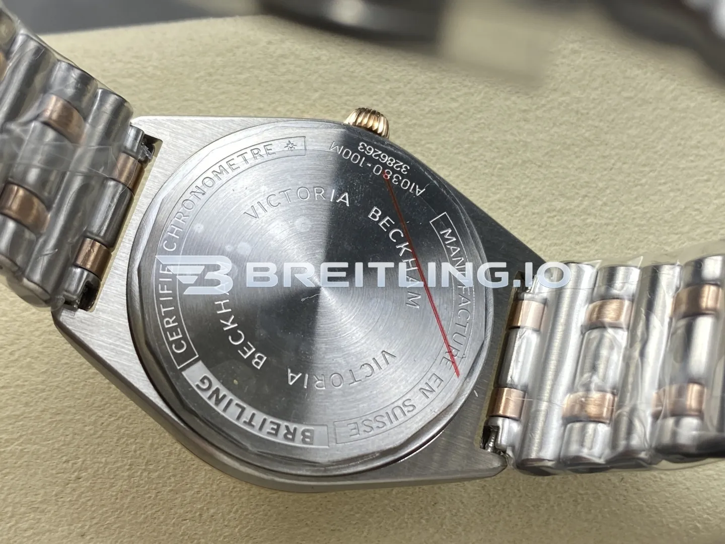 Breitling Chronomat U77310591A2U1 32mm White Mother-of-Pearl Diamond Hour Markers Two-Tone Steel & Rose Gold Diamond Bezel Replica Back View