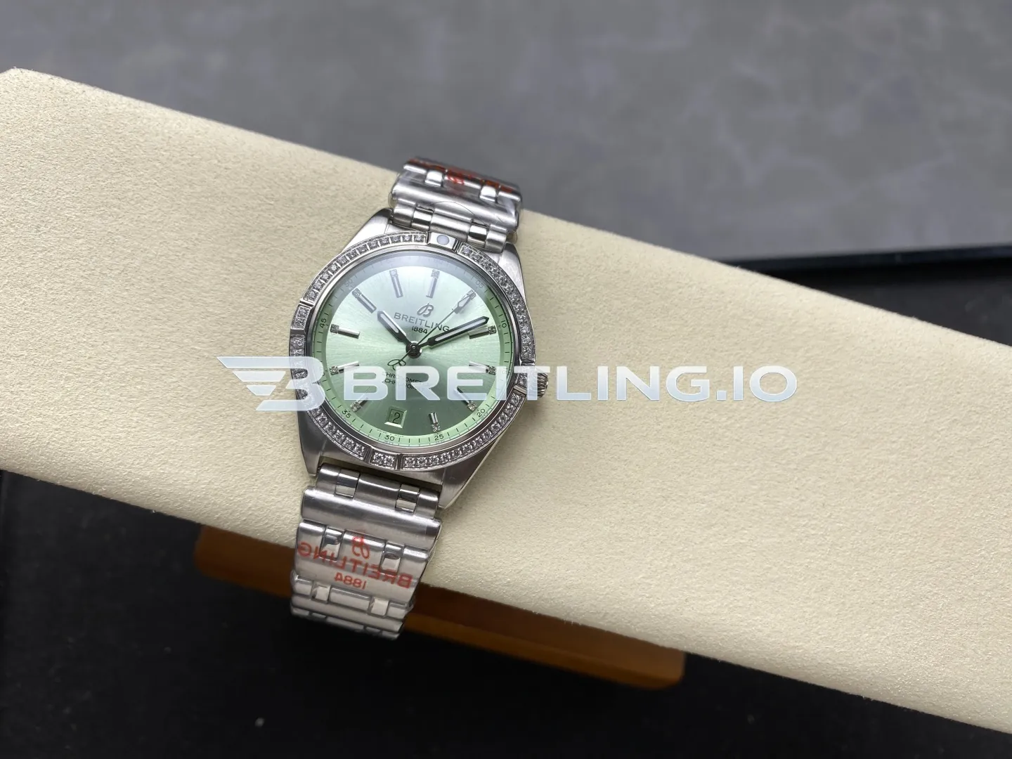 Breitling Chronomat A10380591L1A1 36mm Mint Green Sunburst Dial Full Diamond Brushed Polished Stainless Steel Bezel Replica Side View 2