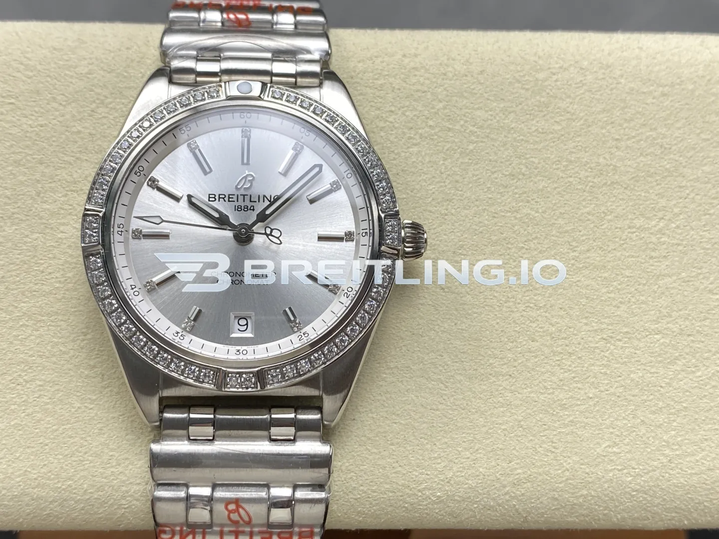 Breitling Chronomat A77310591A1A1 32mm Silver Sunburst Dial Diamond Brushed Polished Solid Stainless Steel Bezel Replica Front View