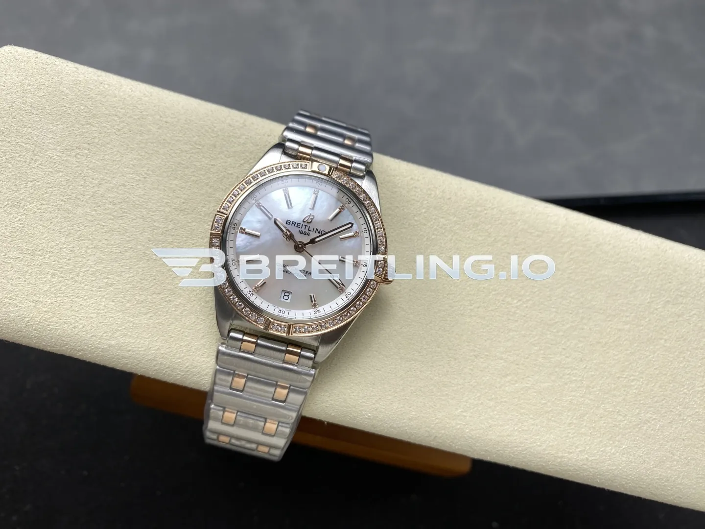 Breitling Chronomat U77310591A2U1 32mm White Mother-of-Pearl Diamond Hour Markers Two-Tone Steel & Rose Gold Diamond Bezel Replica Side View 2