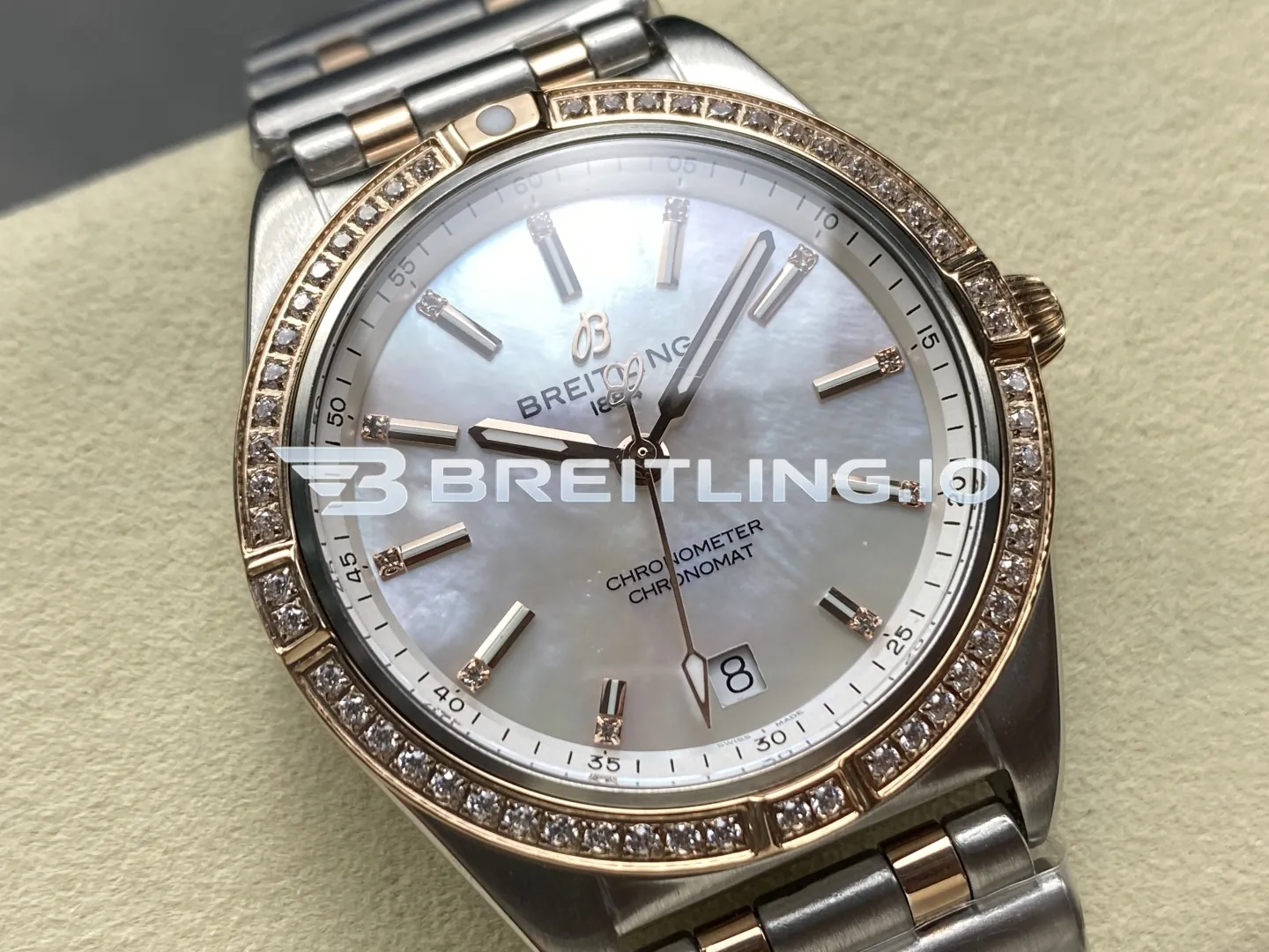 Breitling Chronomat U77310591A2U1 32mm White Mother-of-Pearl Diamond Hour Markers Two-Tone Steel & Rose Gold Diamond Bezel Replica Dial Detail 1