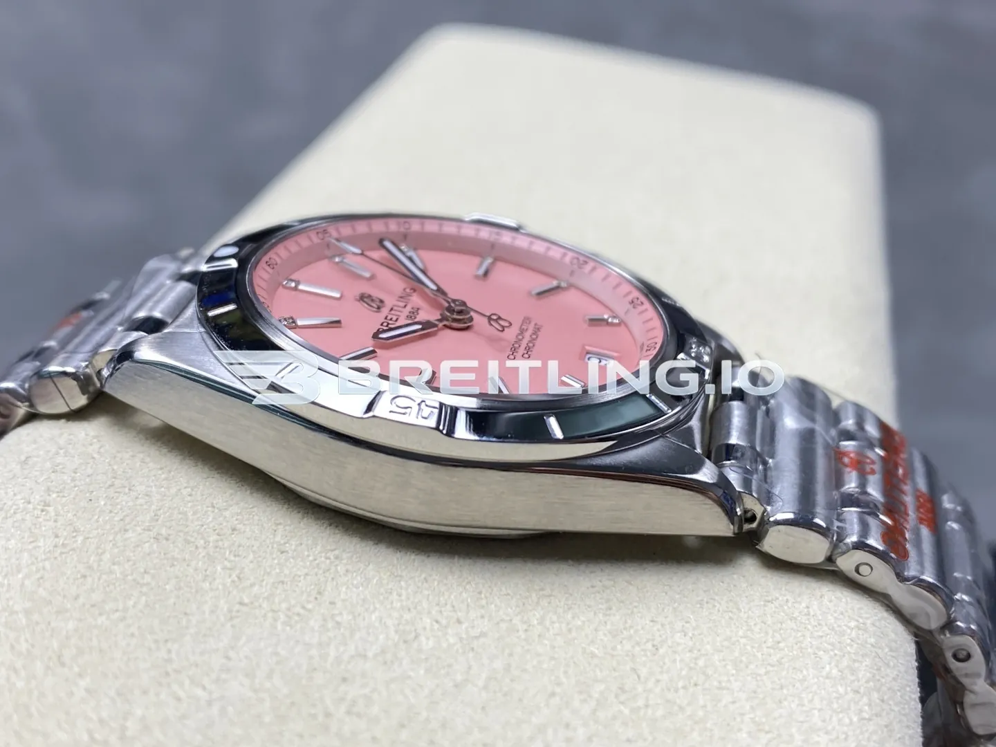 Breitling Chronomat A77310101K1A1 32mm Soft Pink Sunburst Dial Polished Stainless Steel Bezel Replica Left View