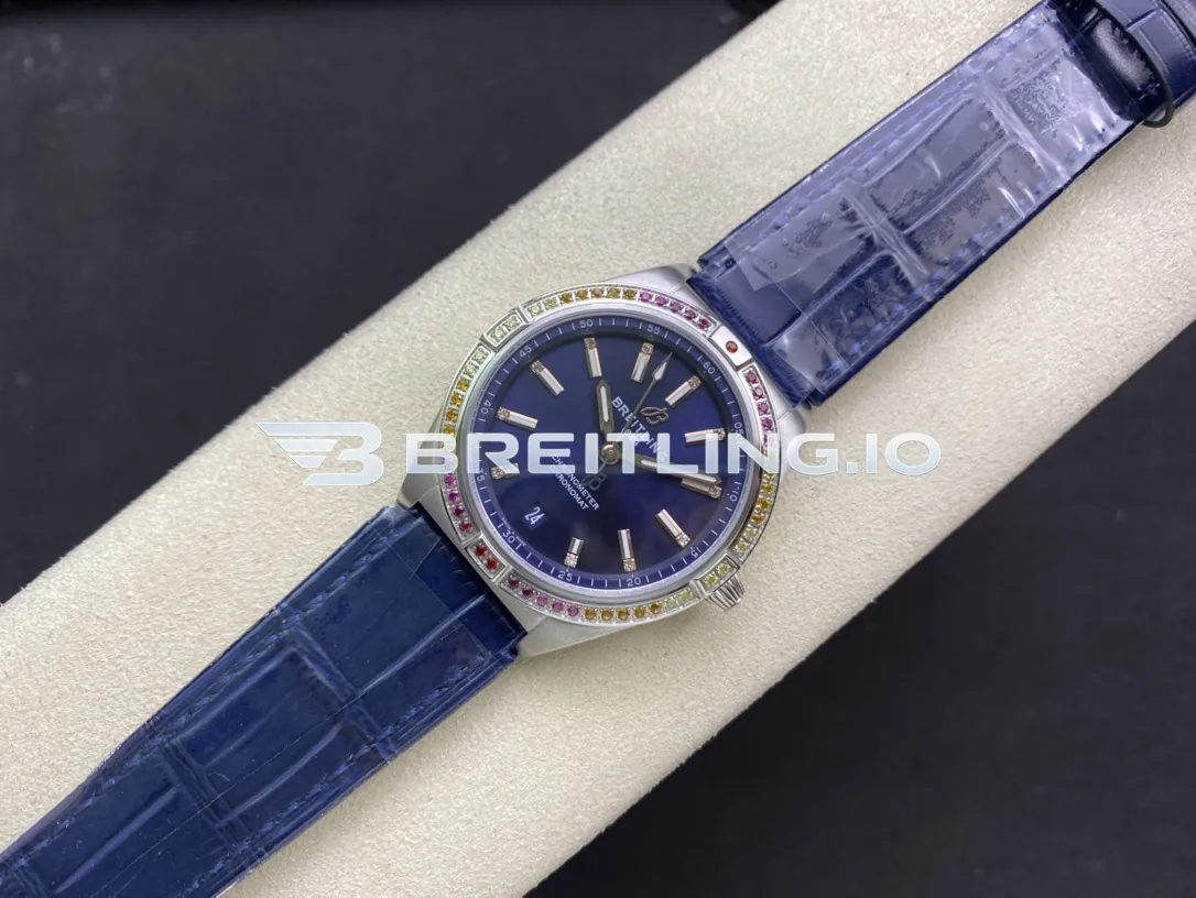 Breitling Chronomat A10380611C1P1 36mm Deep Blue Sunburst Dial Rainbow Multi-Color Gemstone Bezel Replica Side View