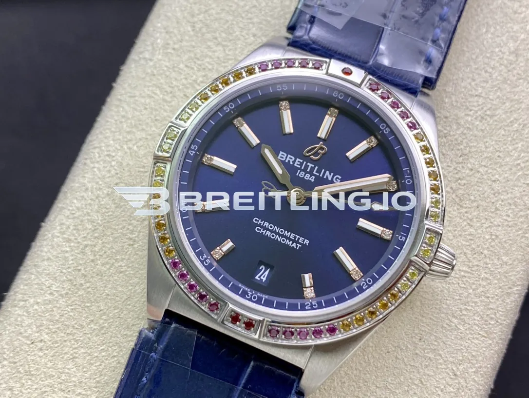 Breitling Chronomat A10380611C1P1 36mm Deep Blue Sunburst Dial Rainbow Multi-Color Gemstone Bezel Replica Dial Detail 2