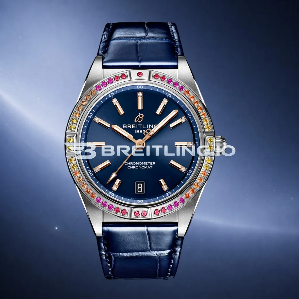 Breitling Chronomat A10380611C1P1 36mm Deep Blue Sunburst Dial Rainbow Multi-Color Gemstone Bezel Replica First Image