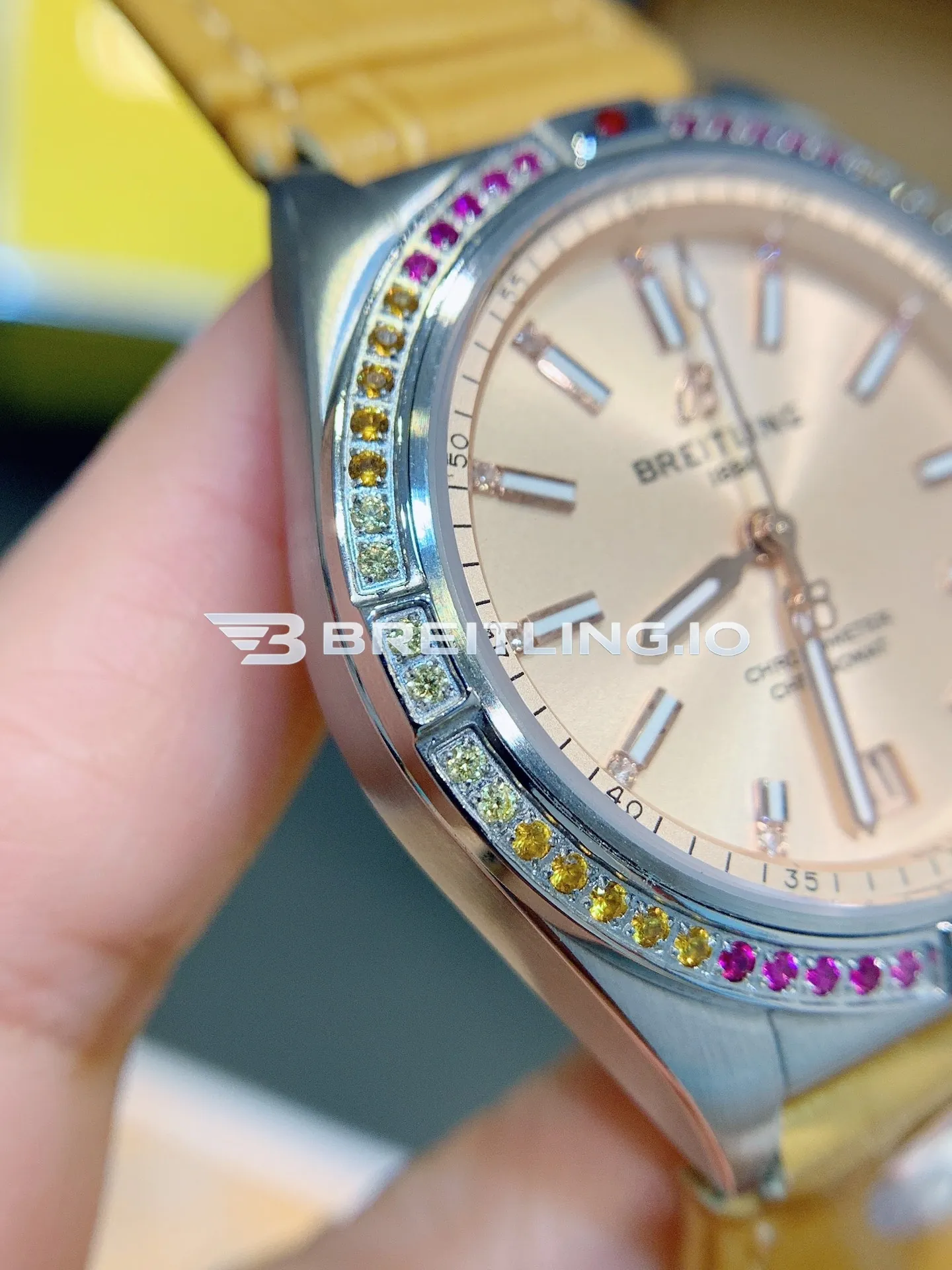 Breitling Chronomat A10380611A1P1 36mm Beige Sunburst Dial Rainbow Gradient Multi-Color Gemstone Tachymeter Bezel Replica Left View
