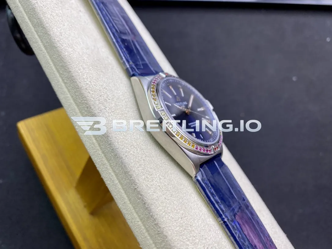 Breitling Chronomat A10380611C1P1 36mm Deep Blue Sunburst Dial Rainbow Multi-Color Gemstone Bezel Replica Left View