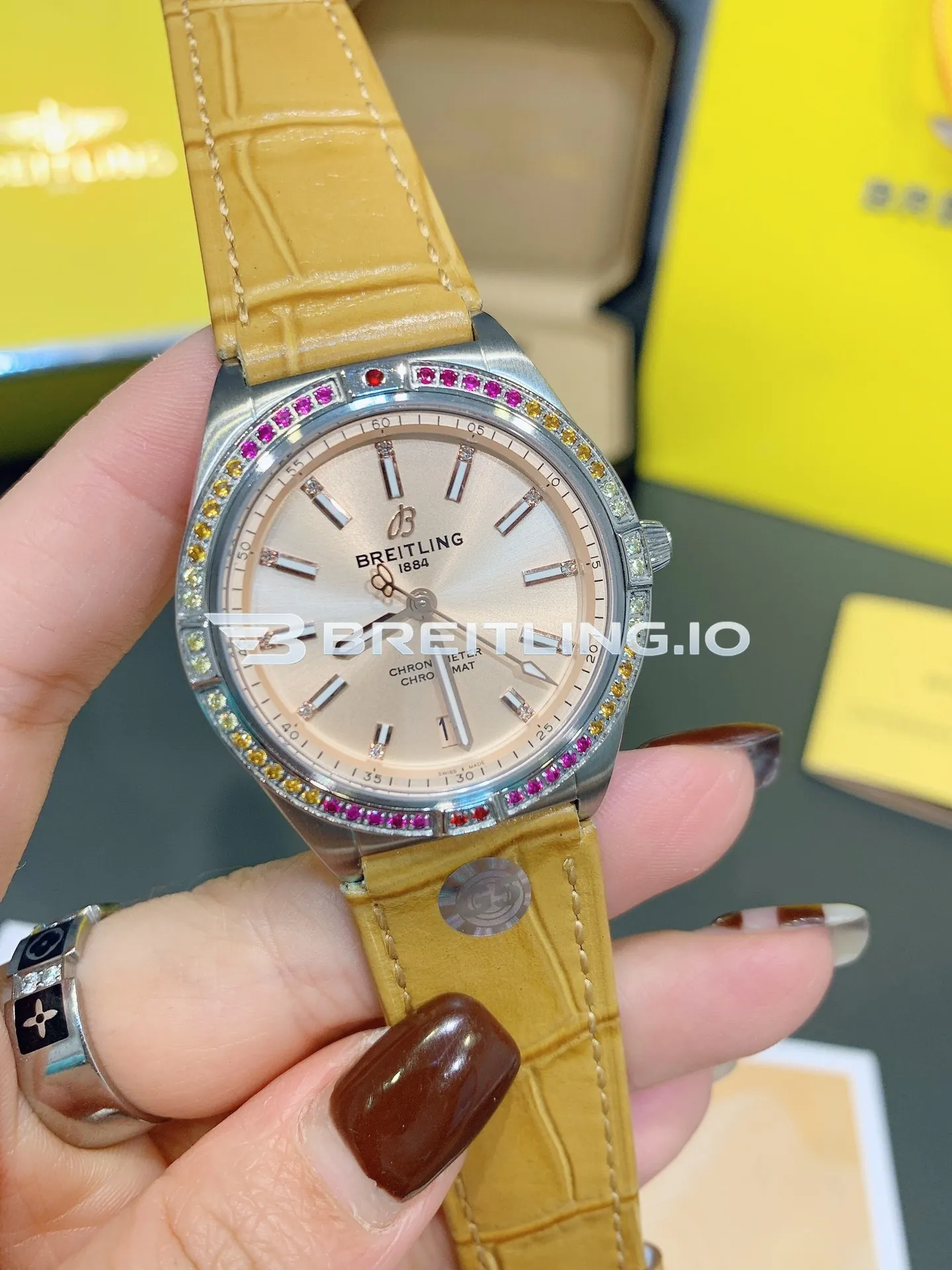 Breitling Chronomat A10380611A1P1 36mm Beige Sunburst Dial Rainbow Gradient Multi-Color Gemstone Tachymeter Bezel Replica Front View
