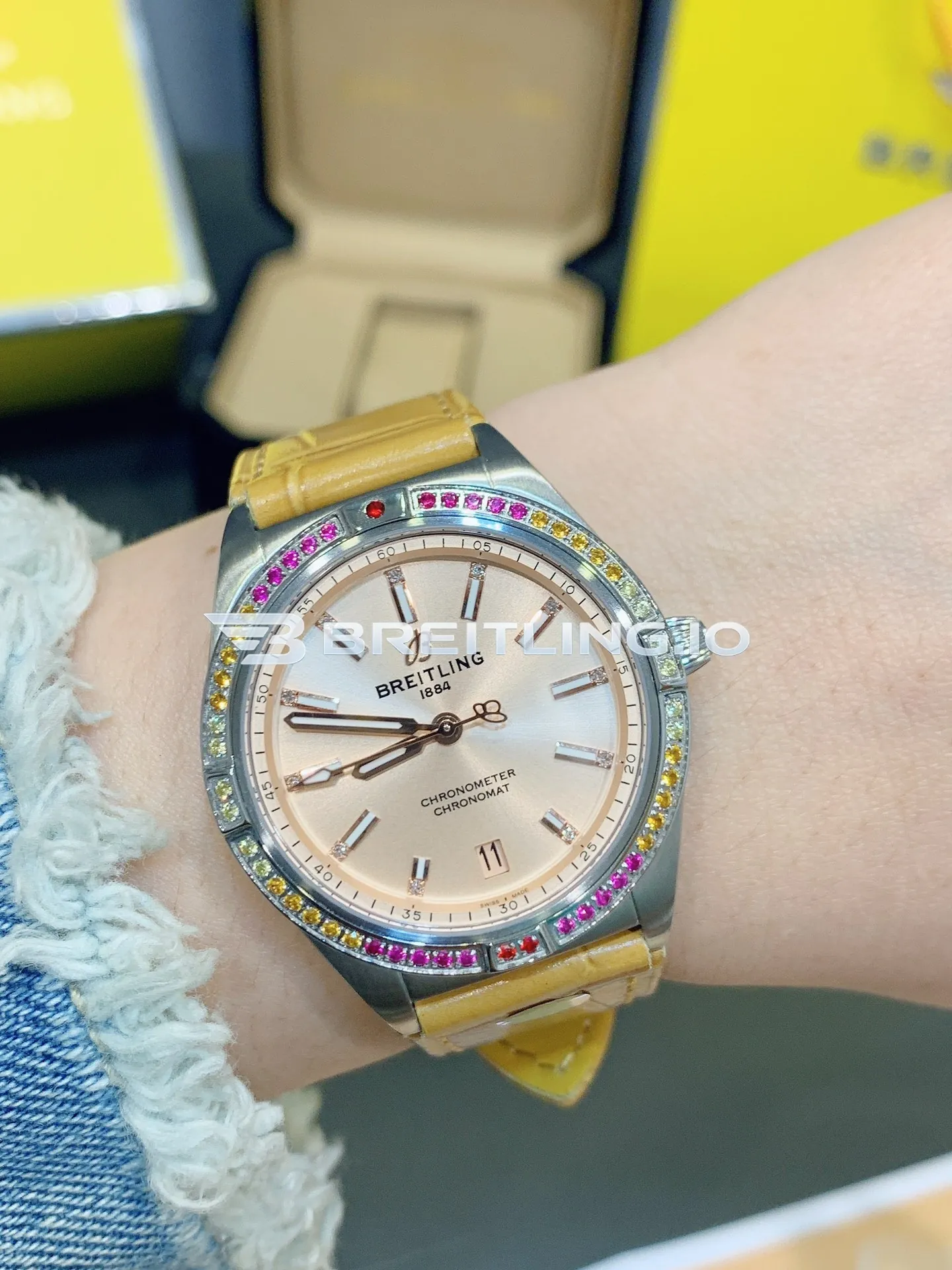 Breitling Chronomat A10380611A1P1 36mm Beige Sunburst Dial Rainbow Gradient Multi-Color Gemstone Tachymeter Bezel Replica Dial Detail 1