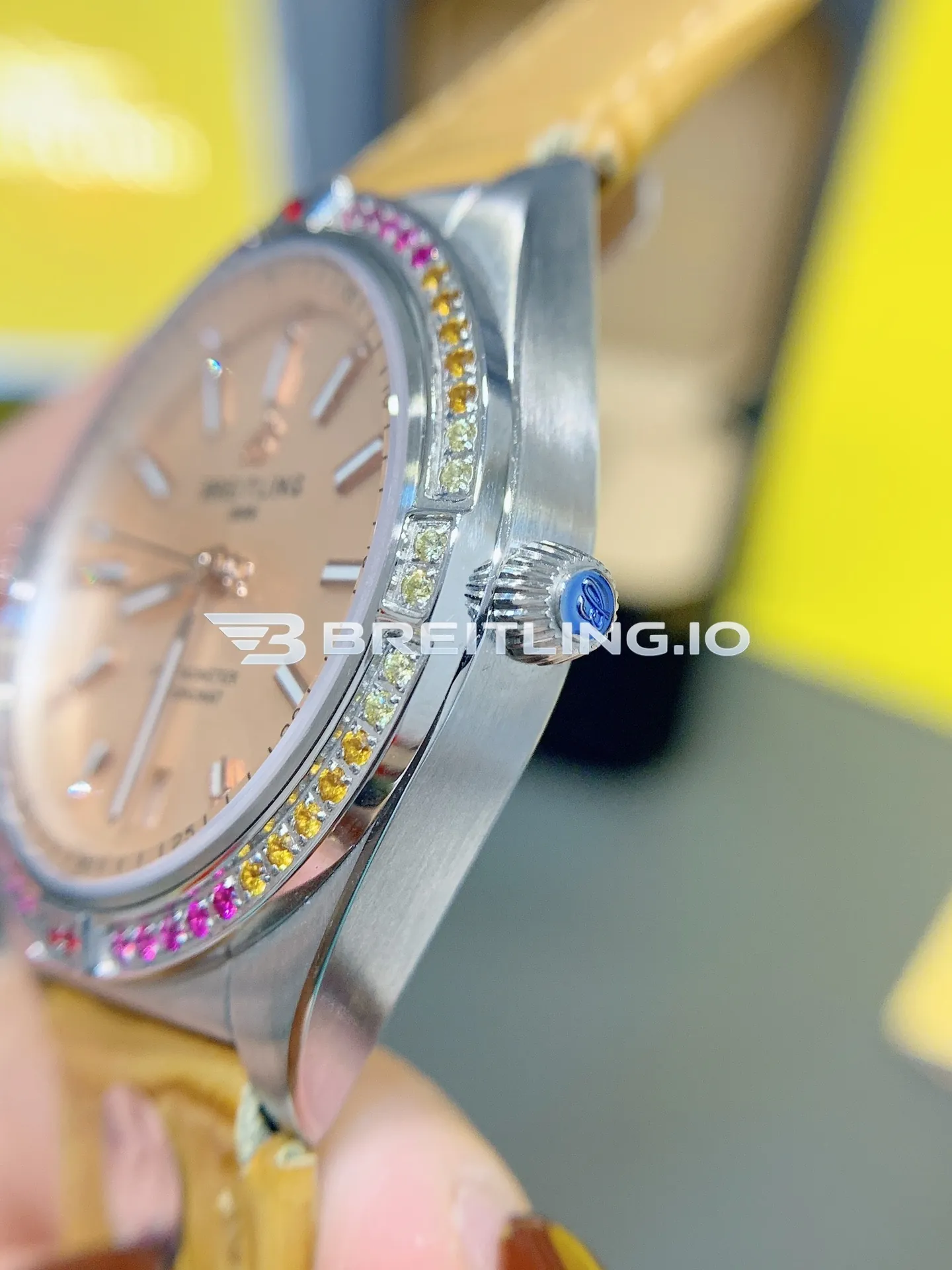 Breitling Chronomat A10380611A1P1 36mm Beige Sunburst Dial Rainbow Gradient Multi-Color Gemstone Tachymeter Bezel Replica Right View