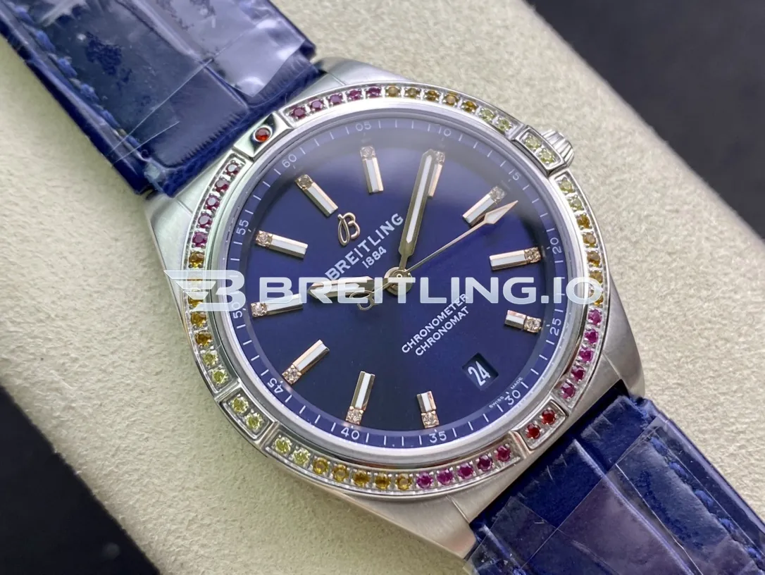 Breitling Chronomat A10380611C1P1 36mm Deep Blue Sunburst Dial Rainbow Multi-Color Gemstone Bezel Replica Dial Detail 1