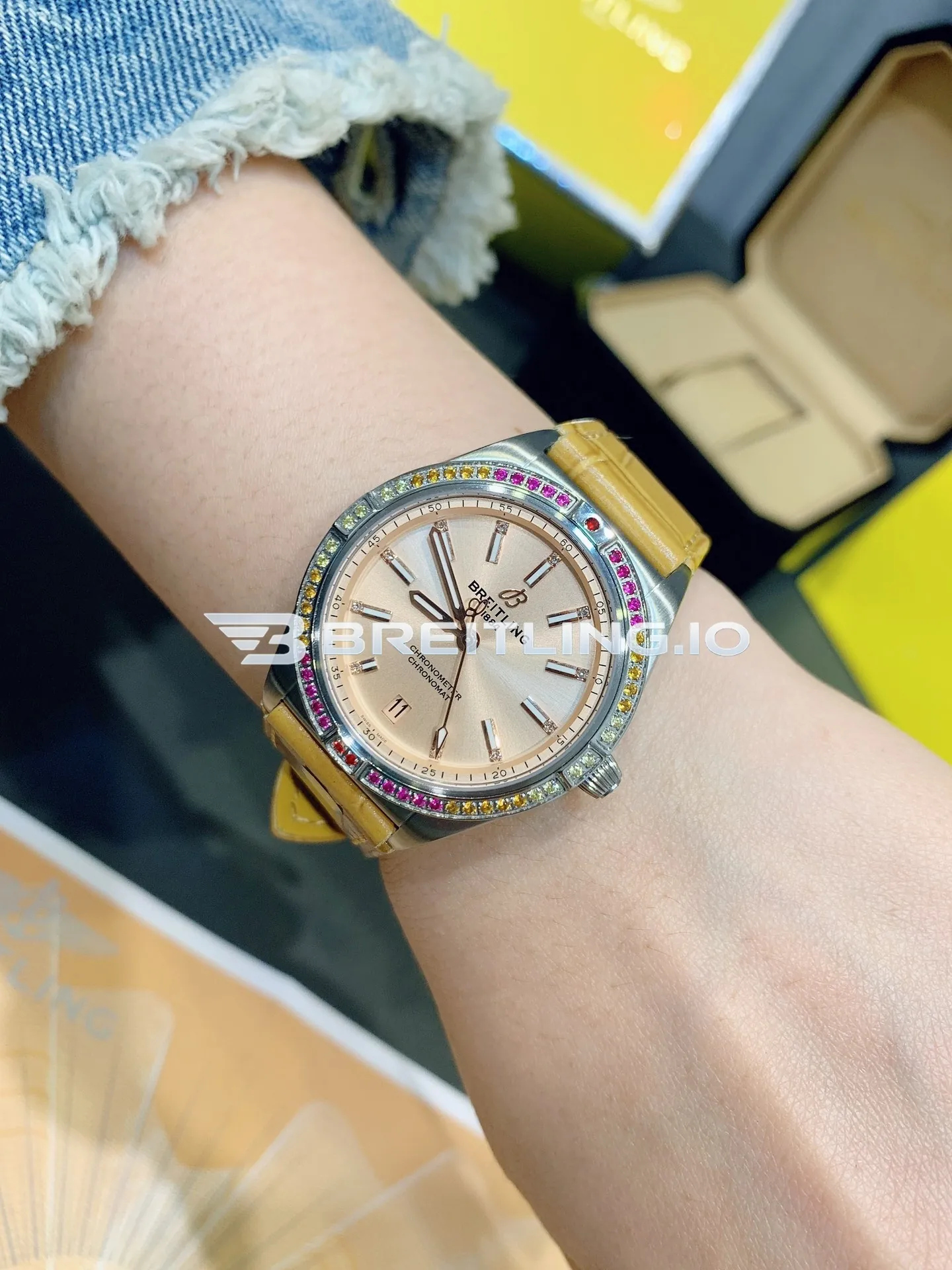 Breitling Chronomat A10380611A1P1 36mm Beige Sunburst Dial Rainbow Gradient Multi-Color Gemstone Tachymeter Bezel Replica Dial Detail 2