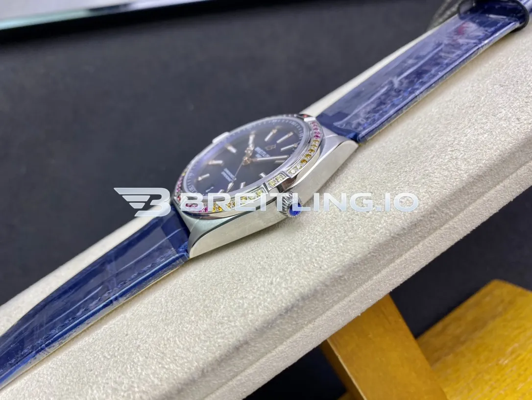 Breitling Chronomat A10380611C1P1 36mm Deep Blue Sunburst Dial Rainbow Multi-Color Gemstone Bezel Replica Right View