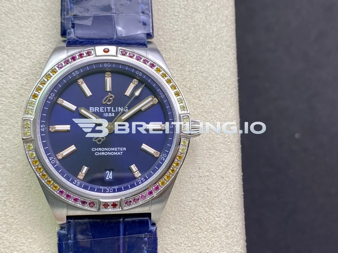 Breitling Chronomat A10380611C1P1 36mm Deep Blue Sunburst Dial Rainbow Multi-Color Gemstone Bezel Replica Front View
