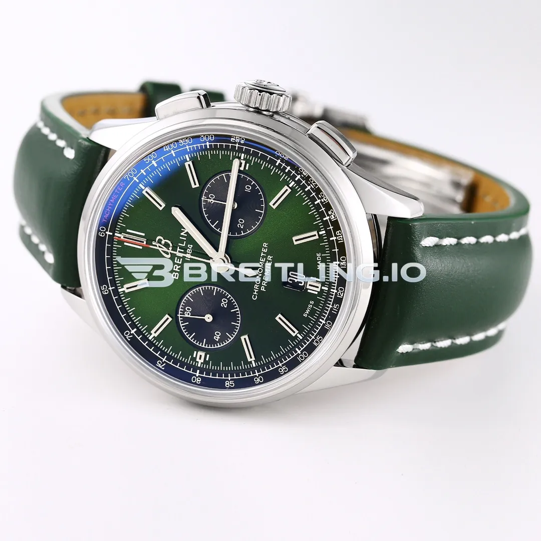 Breitling Premier AB0118221L1P1 42mm Emerald Green Sunburst Dual Subdial Chronograph Brushed Polished Stainless Steel Case Replica Dial Detail 4