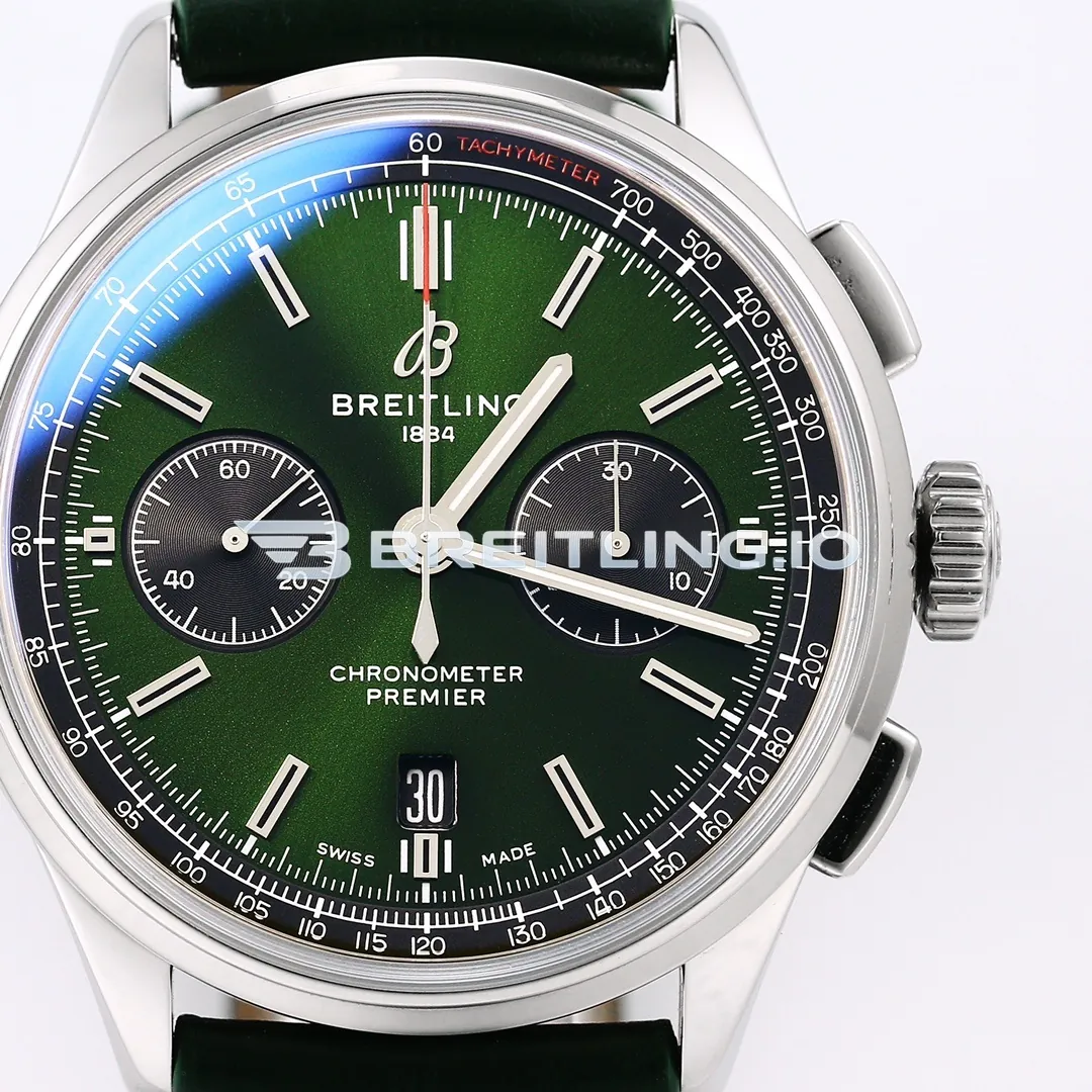 Breitling Premier AB0118221L1P1 42mm Emerald Green Sunburst Dual Subdial Chronograph Brushed Polished Stainless Steel Case Replica Dial Detail 1