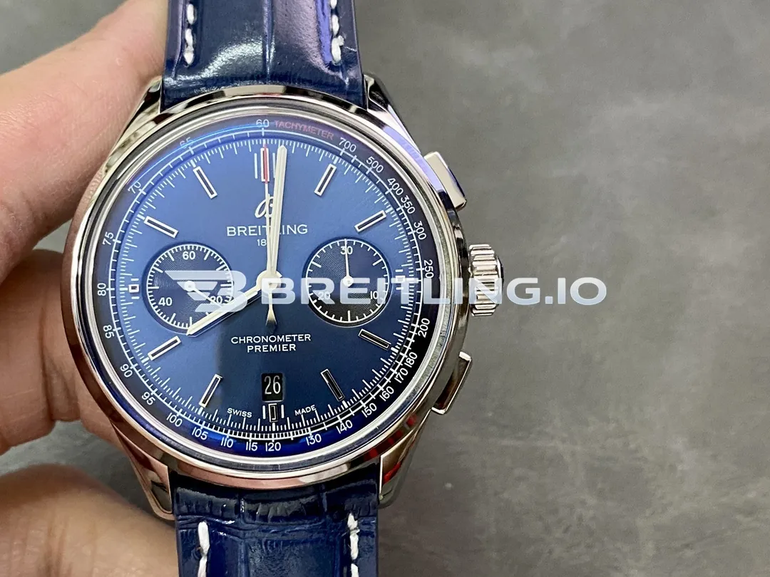Breitling Premier B01 Chronograph 42 AB0118221C1P1 Deep Blue Sunburst Dual Subdial Brushed Polished Stainless Steel Replica Front View