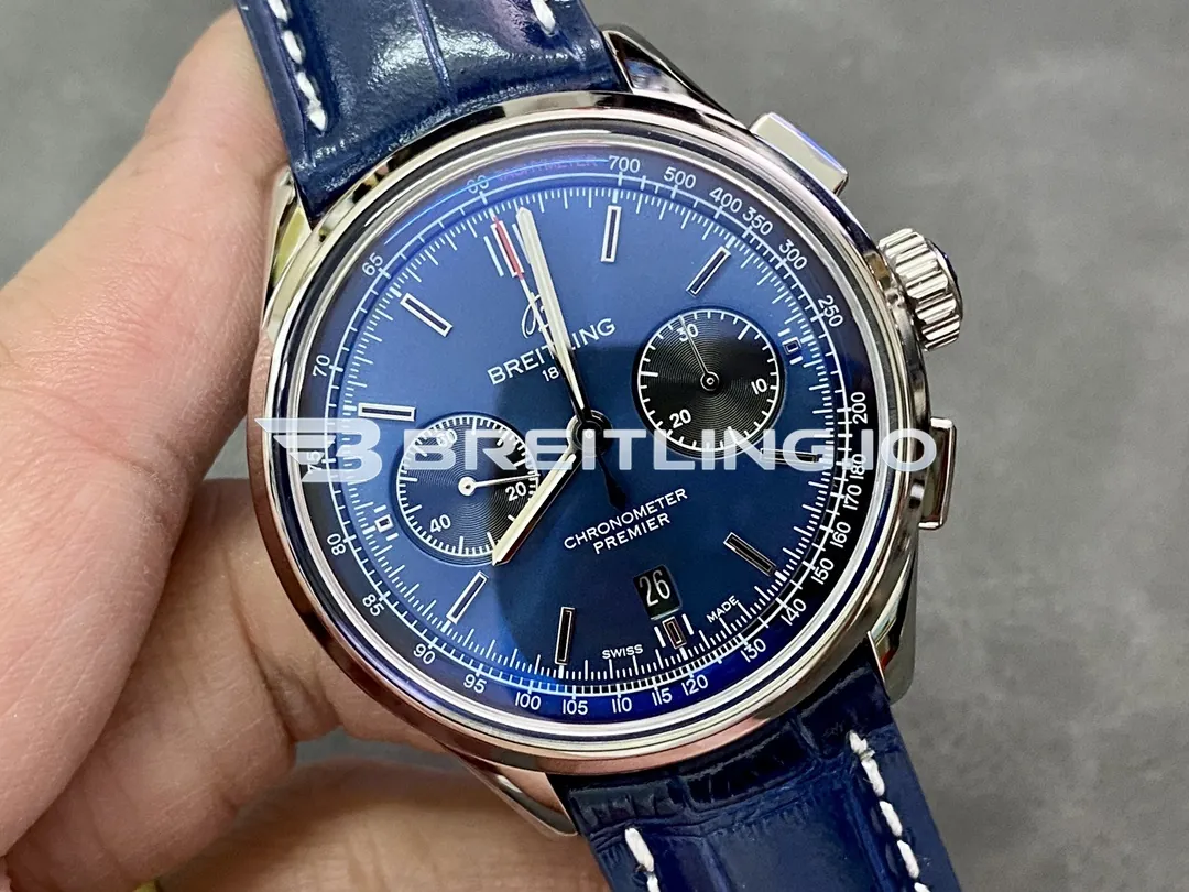 Breitling Premier B01 Chronograph 42 AB0118221C1P1 Deep Blue Sunburst Dual Subdial Brushed Polished Stainless Steel Replica Dial Detail 1