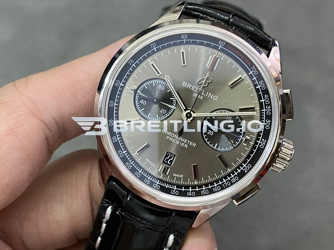Breitling Premier AB0118221B1P1 42mm Grey Smoke Sunburst Dual Subdial Chronograph Brushed Polished Stainless Steel Case Replica Dial Detail 2