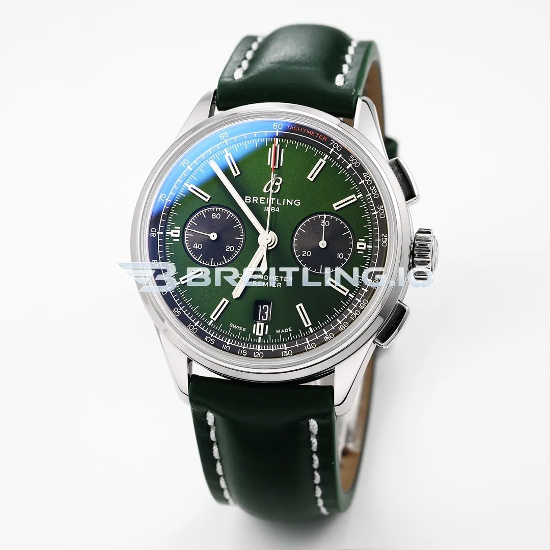 Breitling Premier AB0118221L1P1 42mm Emerald Green Sunburst Dual Subdial Chronograph Brushed Polished Stainless Steel Case Replica Side View