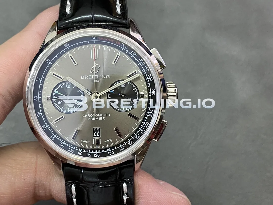 Breitling Premier AB0118221B1P1 42mm Grey Smoke Sunburst Dual Subdial Chronograph Brushed Polished Stainless Steel Case Replica Front View