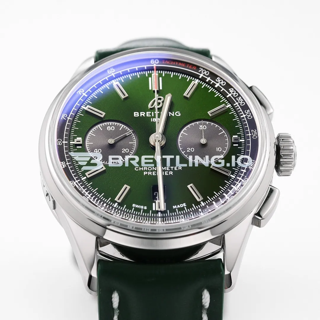 Breitling Premier AB0118221L1P1 42mm Emerald Green Sunburst Dual Subdial Chronograph Brushed Polished Stainless Steel Case Replica Dial Detail 3