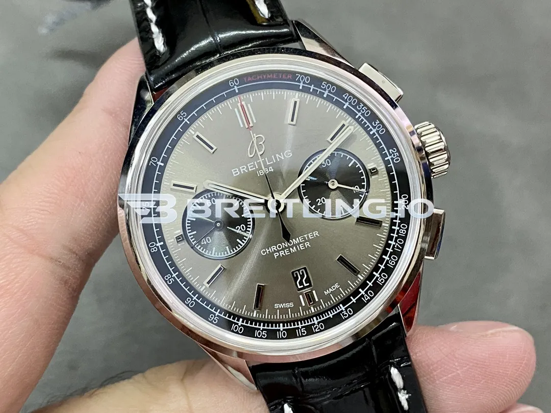 Breitling Premier AB0118221B1P1 42mm Grey Smoke Sunburst Dual Subdial Chronograph Brushed Polished Stainless Steel Case Replica Dial Detail 1