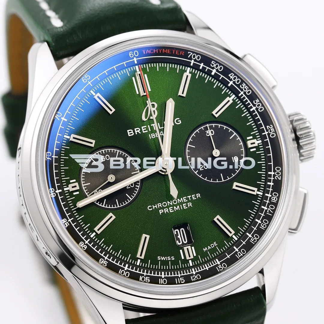 Breitling Premier AB0118221L1P1 42mm Emerald Green Sunburst Dual Subdial Chronograph Brushed Polished Stainless Steel Case Replica Dial Detail 2