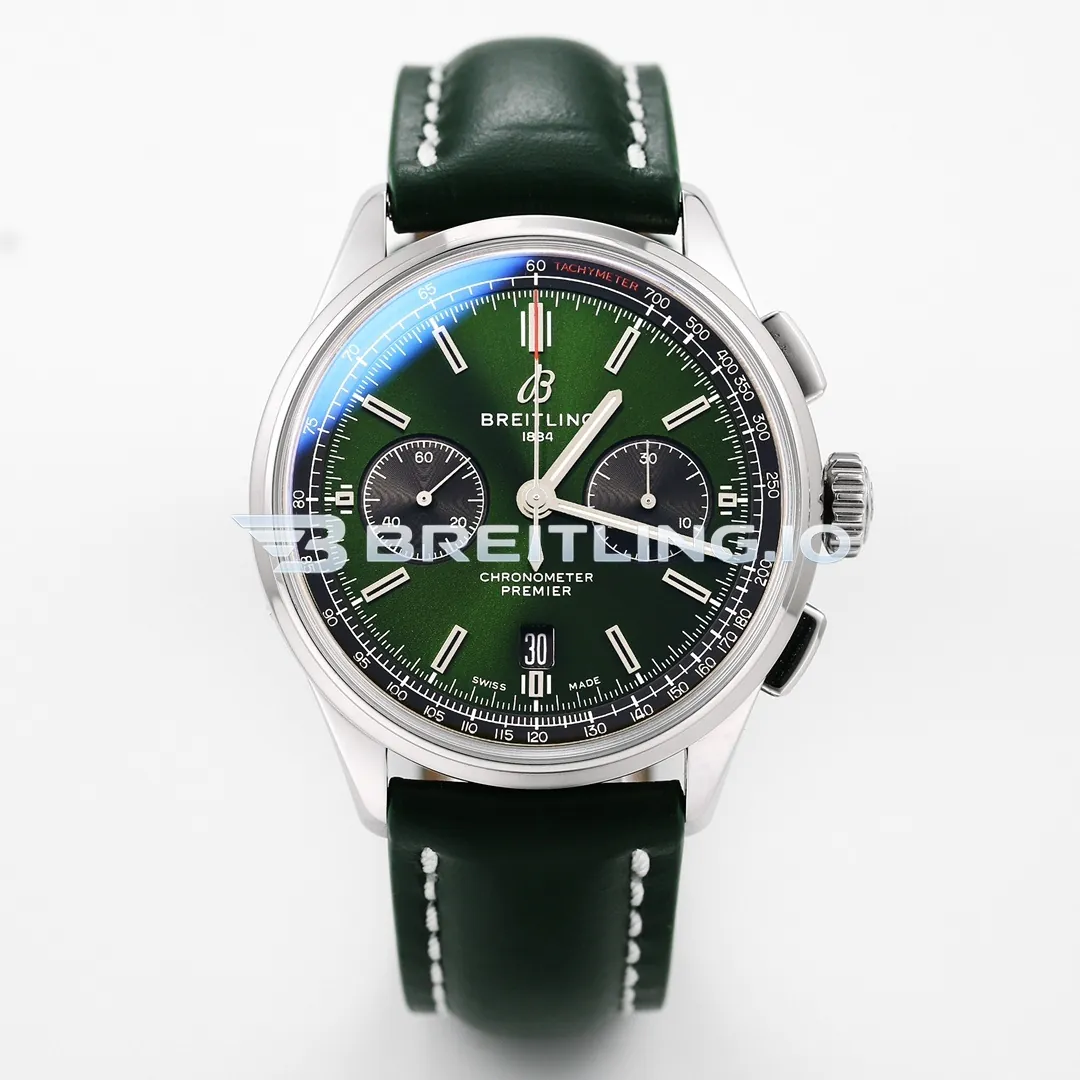 Breitling Premier AB0118221L1P1 42mm Emerald Green Sunburst Dual Subdial Chronograph Brushed Polished Stainless Steel Case Replica Front View