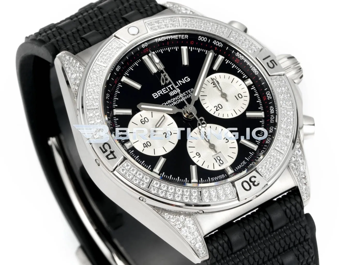 Breitling Chronomat AB0134721B1S2 42mm Black Sunburst Panda Chronograph Full Diamond Paved Ratchet Rotating Bezel Replica Side View 1