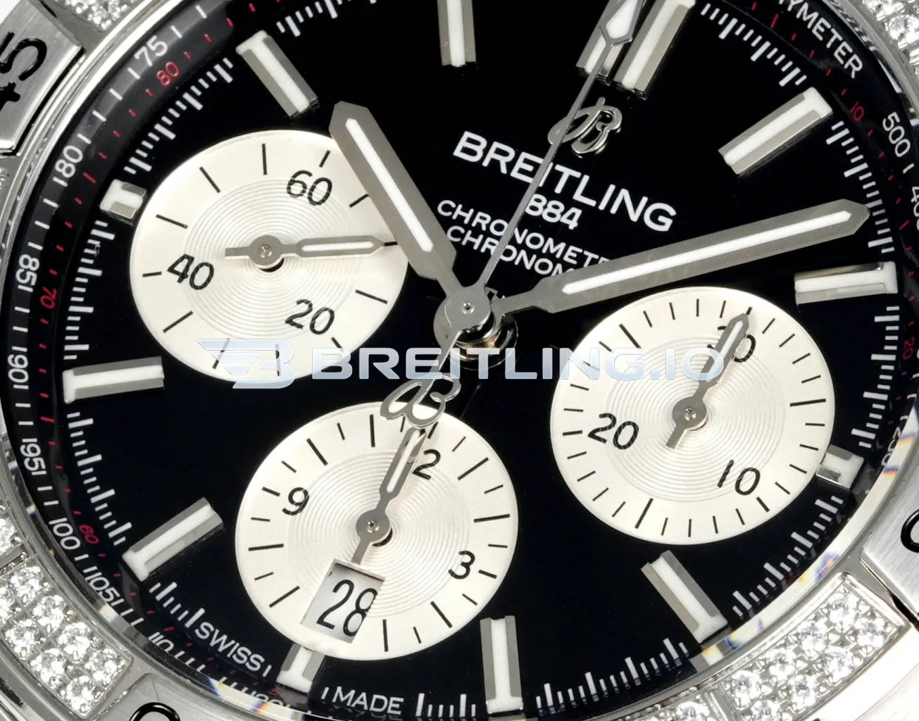 Breitling Chronomat AB0134721B1S2 42mm Black Sunburst Panda Chronograph Full Diamond Paved Ratchet Rotating Bezel Replica Dial Detail 2